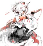  animal_ears detached_sleeves hat inubashiri_momiji looking_at_viewer looking_back matsuda_(matsukichi) messy_hair red_eyes short_hair simple_background sketch solo sword tail tokin_hat touhou weapon white_background white_hair wolf_ears wolf_tail 