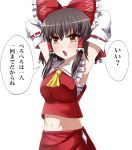  armpits arms_behind_head ascot blush bow brown_hair detached_sleeves eo_(artist) hair_bow hair_tubes hakurei_reimu highres navel open_mouth orange_eyes sarashi short_hair showing_armpits solo touhou translated translation_request white_background 