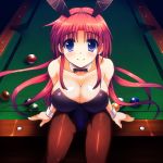  1girl animal_ears bare_shoulders billiards blue_eyes blush breasts bunny_ears bunnysuit cleavage detached_collar fake_animal_ears female fishnet_pantyhose fishnets large_breasts long_hair looking_at_viewer original pantyhose pool_table rabbit_ears red_hair redhead sitting smile solo tashimu wrist_cuffs 