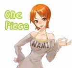  bare_shoulders brown_eyes character_name hand_on_hip looking_at_viewer maeda_risou money_gesture nami one_piece orange_hair rough short_hair solo title_drop tongue tongue_out white_background 