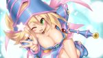 ;d blonde_hair blush blush_stickers breasts cleavage dark_magician_girl deku_(pixiv26269) down_blouse duel_monster green_eyes hat large_breasts open_mouth pentacle pentagram smile solo staff star v wand wink wizard_hat yu-gi-oh! yuu-gi-ou yuu-gi-ou_duel_monsters 