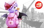  backpack bag bat_wings blue_hair building character_name doughnut food_in_mouth grand_theft_auto hat hat_ribbon nishi_masakazu parody puffy_sleeves red_eyes remilia_scarlet ribbon ship short_hair short_sleeves solo touhou turning wings 
