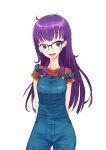  arms_behind_back dr._slump glasses long_hair maeda_risou norimaki_arale over-rim_glasses overalls purple_eyes purple_hair semi-rimless_glasses simple_background solo tongue tongue_out violet_eyes white_background 