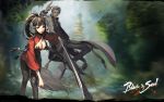  1girl black_hair blade_&amp;_soul breasts cleavage coat highres ink kun_(blade_&amp;_soul) motion_blur orange_eyes ponytail sword wallpaper weapon widescreen 