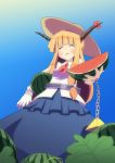  blonde_hair blush bow chain chains closed_eyes eyes_closed food fruit hat horns hujikok ibuki_suika leaf long_hair open_mouth sky sleeveless solo sweatdrop touhou watermelon 