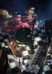  book cable checkered checkered_floor drum drum_set headphones highres hjl instrument megurine_luka microphone_stand open_book pencil piano pink_hair solo stairs takoluka tentacle_hair vocaloid |_| 