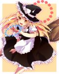  1girl apron blonde_hair blush bow braid broom hat hat_bow kirisame_marisa long_hair open_mouth puffy_sleeves short_sleeves single_braid skirt solo star touhou witch witch_hat yellow_eyes 