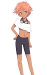  1girl androgynous brown_eyes child cowboy_bebop dark_skin edward_wong_hau_pepelu_tivrusky_iv flat_chest goggles goggles_around_neck hand_on_hip hips level.21 light_smile midriff navel off_shoulder orange_hair red_hair redhead reverse_trap short_hair simple_background smile tan tomboy white_background 
