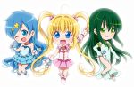  3girls blonde_hair blue_eyes blue_hair chibi dress green_eyes green_hair houshou_hanon idol long_hair mermaid_melody_pichi_pichi_pitch microphone multiple_girls nanami_lucia no_nose touin_rina twintails 