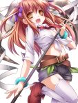 :d bandage bandages belt blush bow bracelet brown_hair copyright_request fang front-tie_top garter_straps hair_bow highres jewelry long_hair midriff moneti_(daifuku) necktie open_mouth scythe shoes short_shorts shorts smile solo thigh-highs thighhighs tied_shirt two_side_up white_legwear yellow_eyes 