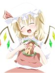  ascot blonde_hair blush closed_eyes crystal eyes_closed flandre_scarlet hat hat_ribbon highres hujikok open_mouth puffy_sleeves ribbon short_hair short_sleeves side_ponytail solo touhou white_background wings 