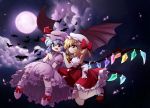  2girls animal ascot asyura7 bat bat_wings blonde_hair blue_hair bow cloud clouds crystal dress eyebrows_visible_through_hair fang flandre_scarlet flying full_moon hair_bow hat hat_ribbon moon multiple_girls night open_mouth puffy_sleeves red_eyes remilia_scarlet ribbon short_hair short_sleeves side_ponytail sky smile touhou white_dress wings 