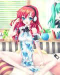  aqua_eyes aqua_hair bed blue_eyes book braid breasts china_dress chinese_clothes clock detached_sleeves digital_media_player fred0092 hatsune_miku headphones headset highres hong_meiling long_hair necktie no_hat no_headwear no_panties open_mouth pillow poster poster_(object) red_hair redhead sitting smile solo touhou twin_braids twintails vocaloid window 
