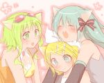  animal_ears blush breasts cat_ears cleavage closed_eyes eyes_closed goggles goggles_on_head green_eyes green_hair gumi hatsune_miku hug hug_from_behind kagamine_rin long_hair multiple_girls nyakelap open_mouth short_hair vocaloid 