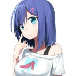  blue_eyes blue_hair erubo hair_ornament hairpin off_shoulder original short_hair short_sleeves solo white_background 