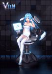  adjusting_hair bare_shoulders blue_eyes blue_hair blush breasts computer_monitor dress high_heels highres long_hair monitor original shoes smile solo thigh-highs thighhighs x_x_(artist) 
