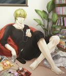  barefoot blonde_hair casual digital_media_player earbuds earphones earrings fate/zero fate_(series) gilgamesh happitan happy_turn jewelry kosho plant playstation_portable pocky potted_plant red_eyes solo 
