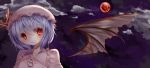  bat_wings blue_hair blush cloud clouds hat hat_ribbon highres moon night petals red_eyes red_moon remilia_scarlet ribbon short_hair single_wing sky smile solo tepes touhou wings 