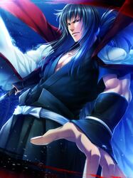  black_hair blood hiko_seijuurou japanese_clothes katana long_hair male nachicoco ponytail rurouni_kenshin solo sword weapon 