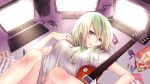 absurdres computer green_eyes green_hair guitar gumi highres instrument looking_at_viewer lying on_back saya7 short_hair solo vocaloid 