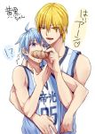  2boys basketball_uniform blonde_hair blue_eyes blue_hair doughnut feeding food kise_ryouta kuroko_no_basuke kuroko_tetsuya multiple_boys open_mouth sportswear yellow_eyes 