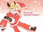  1girl blonde_hair brother_and_sister carrying character_name closed_eyes eyes_closed gloves happy_birthday hat hug kagamine_len kagamine_rin nyakelap open_mouth princess_carry santa_costume santa_hat short_hair siblings thigh-highs thighhighs twins vocaloid 
