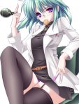  belt copyright_request explosive garter_straps glasses green_hair grenade highres jewelry labcoat moneti_(daifuku) mouth_hold necklace panties purple_eyes solo test_tube thigh-highs thighhighs underwear violet_eyes 