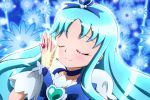  absurdres blue blue_background blue_hair choker closed_eyes cure_marine eyes_closed floral_background flower heartcatch_precure! highres jewelry kiyu_(doremi&#039;s_party) kiyu_(doremi's_party) kurumi_erika precure ring smile smile_precure! solo 
