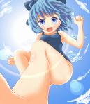  blue_eyes blue_hair bow cirno foreshortening hair_bow ice ice_wings maromi_gou one-piece_swimsuit open_mouth school_swimsuit short_hair smile solo swimsuit touhou wings 
