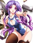  bullet casual_one-piece_swimsuit gun highres jewelry moneti_(daifuku) necklace one-piece_swimsuit original purple_eyes purple_hair swimsuit thigh-highs thighhighs violet_eyes weapon 