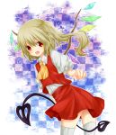  ascot blonde_hair blush crystal flandre_scarlet laevatein no_hat no_headwear open_mouth puffy_sleeves red_eyes short_hair short_sleeves side_ponytail solo thigh-highs thighhighs touhou weapon white_legwear wings yuukiarisu 