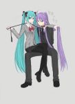  1girl arms_behind_back character_name collar grey_background hatsune_miku kamui_gakupo leash long_hair nyakelap pantyhose purple_hair simple_background skirt smile twintails very_long_hair vocaloid 