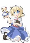  ahoge alice_margatroid apron blonde_hair blue_eyes blush_stickers book bow capelet doll hair_bow highres hujikok long_hair open_mouth puffy_sleeves shanghai_doll short_hair short_sleeves touhou white_background 