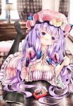  book breasts cleavage crescent curtains down_blouse feet hair_ribbon hat lamp looking_at_viewer on_bed pantyhose patchouli_knowledge pillow pocky purple_eyes purple_hair ribbon smile solo sugiyuu touhou violet_eyes 