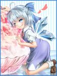  ahoge blue_eyes blue_hair bow cirno food hair_bow heart ice ice_wings kneeling puffy_sleeves shaved_ice short_hair short_sleeves solo tongue touhou toumin wings 