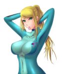  adjusting_hair blonde_hair bodysuit breasts green_eyes highres kuroma_(atapi) large_breasts long_hair metroid mouth_hold ponytail samus_aran skin_tight solo zero_suit 