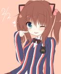  1girl animal_ears aoki_momiji blush breasts brown_hair cat_ears dated green_eyes heart highres looking_at_viewer original short_hair simple_background smile solo striped suzune_rena tongue tongue_out wink 