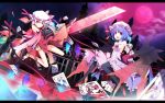  blonde_hair blue_hair blush card checkered checkered_floor crystal dice dress flandre_scarlet hat hat_ribbon ichiyan letterboxed looking_at_viewer moon multiple_girls pantyhose playing_card red_eyes red_moon remilia_scarlet ribbon side_ponytail smile touhou wings 