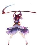  absurdres alternate_weapon arms_up breasts cleavage clog_sandals coin dress flower hair_bobbles hair_ornament highres large_breasts obi onozuka_komachi red_eyes red_hair redhead scythe short_hair sky smile solo tabi touhou tsunekun twintails weapon white_legwear wink 