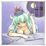  blush book breast_rest breasts cleavage cloud clouds desk ex-keine frame full_moon futatsuki_hisame green_hair hand_in_hair hat horns kamishirasawa_keine large_breasts long_hair moon night pen playing_with_hair red_eyes ribbon round_window shirt short_sleeves sky smile solo touhou window 