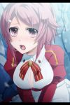  blush breasts cleavage hair_ornament kirito_(tundereyuina) lisbeth long_sleeves open_mouth pink_eyes pink_hair puffy_sleeves short_hair solo sword_art_online 