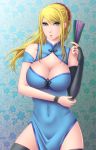  artist_request blonde_hair blue_eyes breasts bridal_gauntlets china_dress chinese_clothes cleavage cleavage_cutout clothed_navel fan folding_fan highres kuroma_(atapi) large_breasts long_hair metroid ponytail samus_aran solo thigh-highs thighhighs 