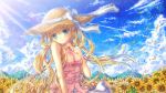  air blonde_hair blue_eyes casual cloud flower hat hinokami_sakura kamio_misuzu long_hair sky smile solo straw_hat sunflower sunlight 