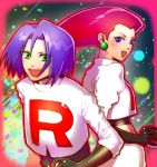  1girl back-to-back black_gloves blue_eyes blue_hair earrings elbow_gloves gloves green_eyes jewelry kiichi_(ca0sf) kojirou_(pokemon) long_hair midriff musashi_(pokemon) pokemon pokemon_(anime) redhead short_hair skirt team_rocket 