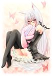  animal_ears bandage bandages black_legwear blush butterfly dress fox_ears glasses hecho long_hair looking_at_viewer original red_eyes solo stuffed_animal stuffed_bunny stuffed_toy thigh-highs thighhighs white_hair 