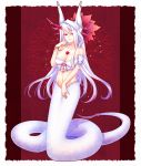  bracelet breasts cleavage gradient_hair horns jewelry konshin lamia large_breasts lavender_hair long_hair looking_at_viewer monster_girl multicolored_hair navel original red_eyes scales smile solo two-tone_hair white_hair 