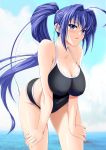  blue_eyes blue_hair breasts cleavage competition_swimsuit hayase_mitsuki highres kimi_ga_nozomu_eien long_hair one-piece_swimsuit ponytail swimsuit tnonizyou 