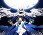  black_hair blue_eyes bow breasts dress dual_wielding engi_threepiece flower hair_bow jewelry kounagi_yui lifegoeson multiple_girls necklace ponytail purple_eyes school_uniform silver_hair skirt sword symbol-shaped_pupils violet_eyes weapon wings yumekui_merry 