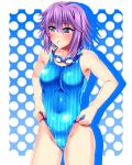  adjusting_swimsuit anzu_(onelelee) blue_eyes competition_swimsuit goggles mouth_hold one-piece_swimsuit purple_hair rosario+vampire shirayuki_mizore short_hair swimsuit wet 