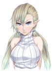  bare_shoulders blonde_hair blue_eyes bust collarbone elf highres lips long_hair looking_at_viewer original pointy_ears ray-akila ribbed_sweater simple_background sleeveless sleeveless_turtleneck solo sweater turtleneck twintails white_background 